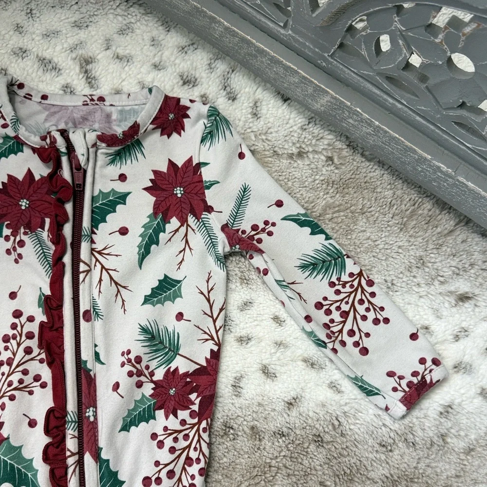 RuffleButts holiday footie pajamas baby girls 12-18 months Christmas poinsettia